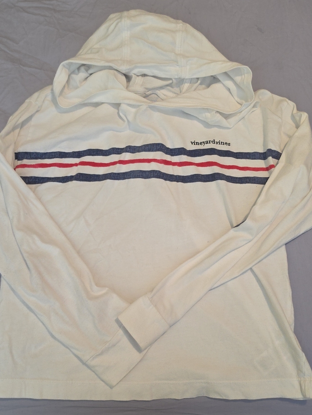 Vineyard Vines White Hooded Long-Sleeve Shirt with Navy and Red Stripes